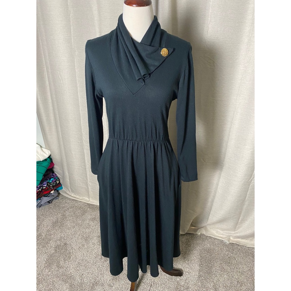 Vintage 70s Berkeley Black Midi Dress Draped Collar Gold Button Pockets Womens